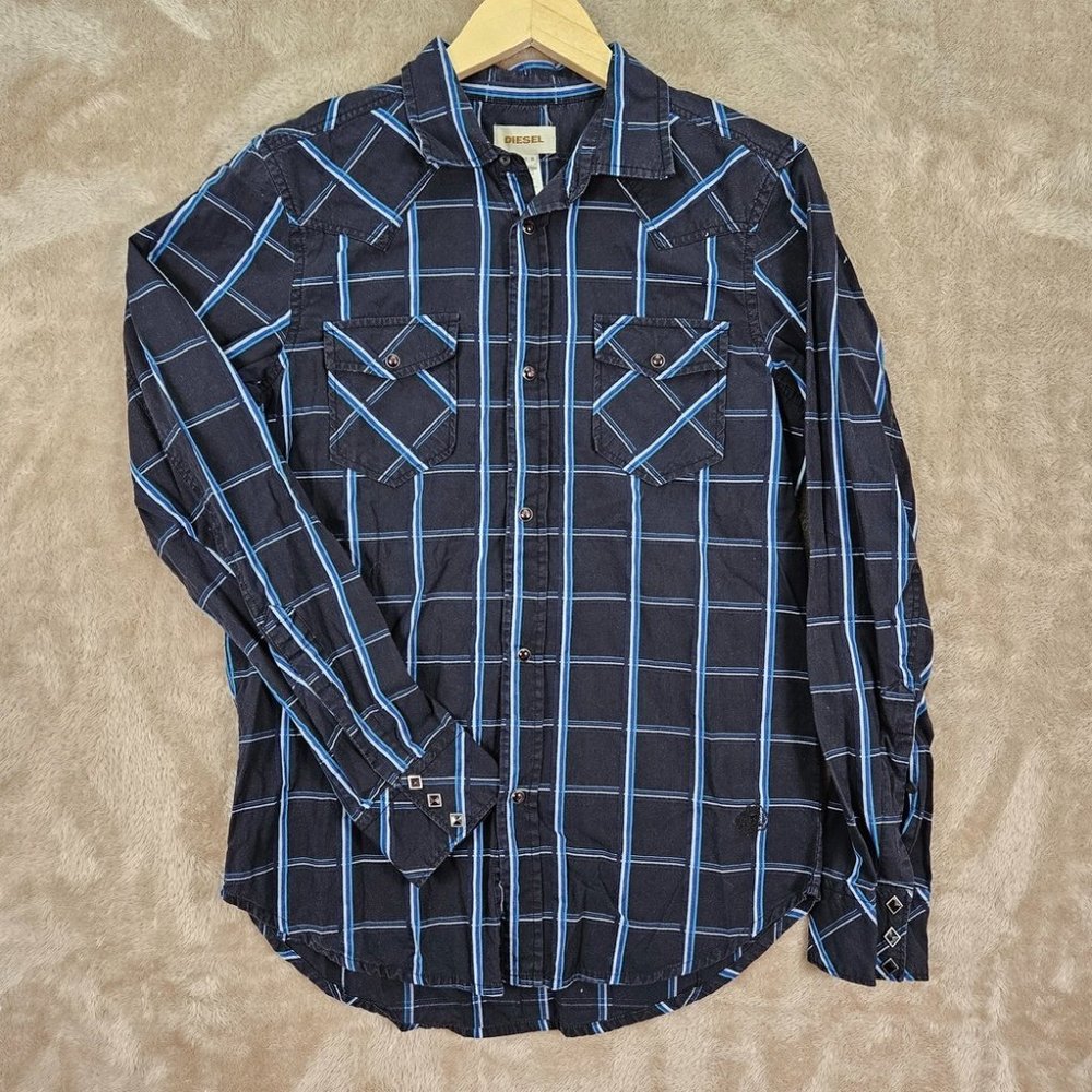 Diesel Shirt Pearl Snap Button-Down Pockets Mens Size M Black Blue Plaid Western